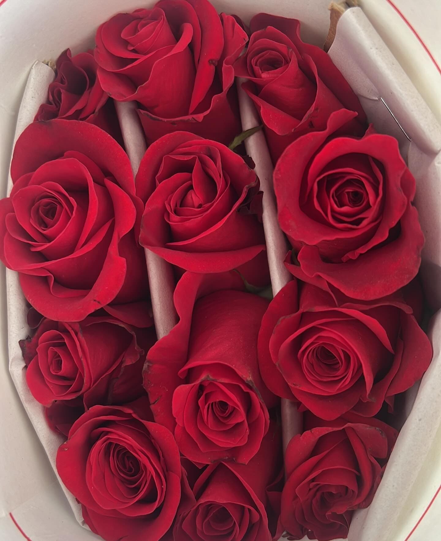 Rosas rojas acomodadas en hileras dentro de una caja blanca, separadas con papel